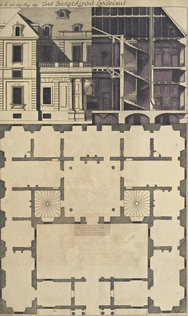 An illustration from Nicolai Goldmans Vollständige Anweisung zu der Civil-Bau-Kunst : in welcher nicht nur die fünff Ordnungen, samt den darzu gehörigen Fenster-Gesimsen, Kämpffern, Geländer-Dockeb und Bilderstühlen, auf eine neue und sonderbare leichte Art aufzureissen deutlich gewiesen, sondern zugleich getreulich entdecket wird ..., 1708, leaf 324