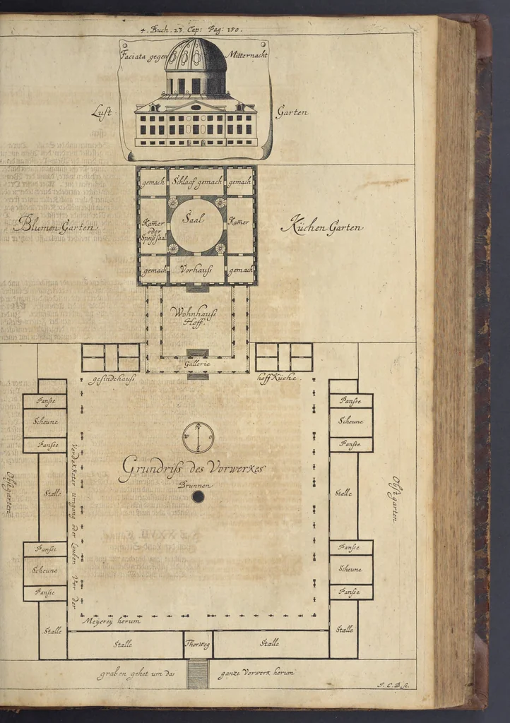 An illustration from Nicolai Goldmans Vollständige Anweisung zu der Civil-Bau-Kunst : in welcher nicht nur die fünff Ordnungen, samt den darzu gehörigen Fenster-Gesimsen, Kämpffern, Geländer-Dockeb und Bilderstühlen, auf eine neue und sonderbare leichte Art aufzureissen deutlich gewiesen, sondern zugleich getreulich entdecket wird ..., 1708, leaf 328