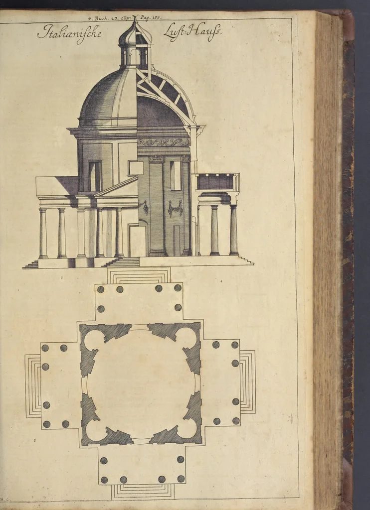 An illustration from Nicolai Goldmans Vollständige Anweisung zu der Civil-Bau-Kunst : in welcher nicht nur die fünff Ordnungen, samt den darzu gehörigen Fenster-Gesimsen, Kämpffern, Geländer-Dockeb und Bilderstühlen, auf eine neue und sonderbare leichte Art aufzureissen deutlich gewiesen, sondern zugleich getreulich entdecket wird ..., 1708, leaf 330