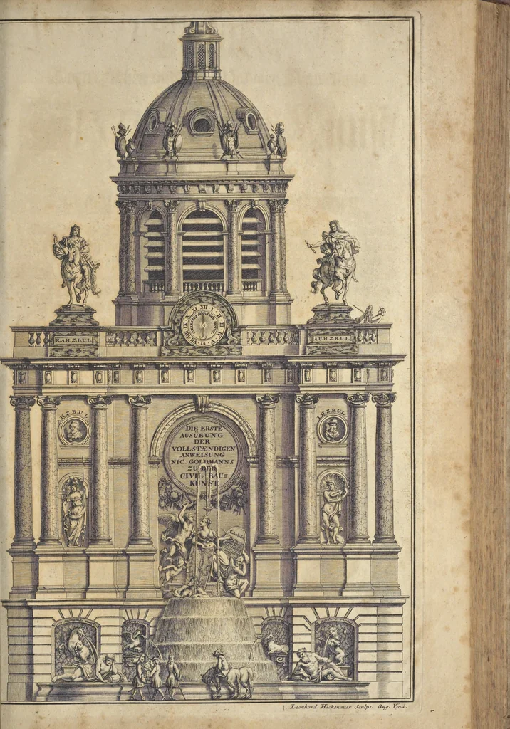 An illustration from Nicolai Goldmans Vollständige Anweisung zu der Civil-Bau-Kunst : in welcher nicht nur die fünff Ordnungen, samt den darzu gehörigen Fenster-Gesimsen, Kämpffern, Geländer-Dockeb und Bilderstühlen, auf eine neue und sonderbare leichte Art aufzureissen deutlich gewiesen, sondern zugleich getreulich entdecket wird ..., 1708, leaf 362