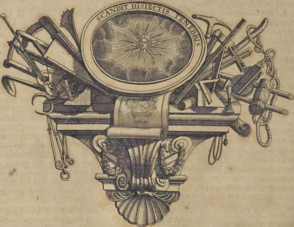 An illustration from Nicolai Goldmans Vollständige Anweisung zu der Civil-Bau-Kunst : in welcher nicht nur die fünff Ordnungen, samt den darzu gehörigen Fenster-Gesimsen, Kämpffern, Geländer-Dockeb und Bilderstühlen, auf eine neue und sonderbare leichte Art aufzureissen deutlich gewiesen, sondern zugleich getreulich entdecket wird ..., 1708, leaf 387