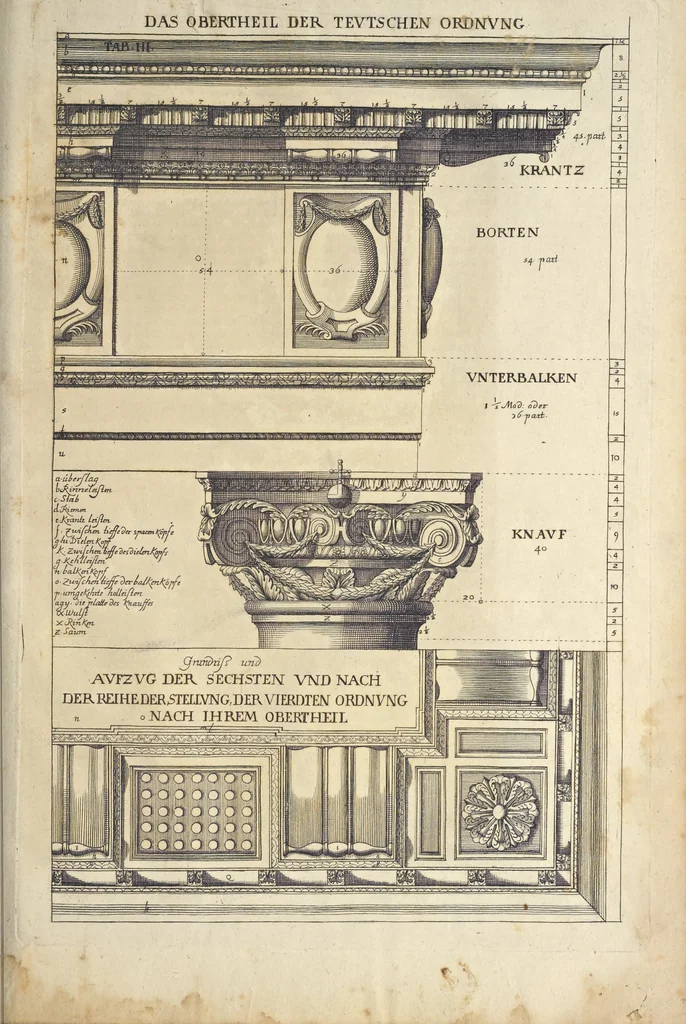 An illustration from Nicolai Goldmans Vollständige Anweisung zu der Civil-Bau-Kunst : in welcher nicht nur die fünff Ordnungen, samt den darzu gehörigen Fenster-Gesimsen, Kämpffern, Geländer-Dockeb und Bilderstühlen, auf eine neue und sonderbare leichte Art aufzureissen deutlich gewiesen, sondern zugleich getreulich entdecket wird ..., 1708, leaf 394