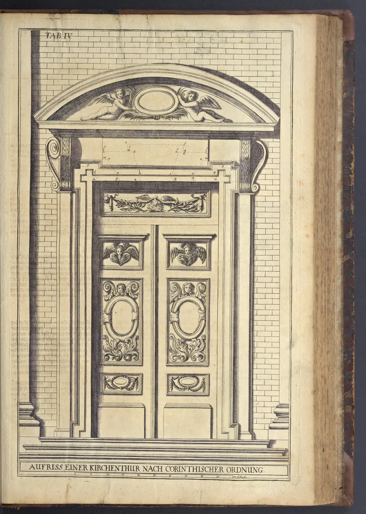 An illustration from Nicolai Goldmans Vollständige Anweisung zu der Civil-Bau-Kunst : in welcher nicht nur die fünff Ordnungen, samt den darzu gehörigen Fenster-Gesimsen, Kämpffern, Geländer-Dockeb und Bilderstühlen, auf eine neue und sonderbare leichte Art aufzureissen deutlich gewiesen, sondern zugleich getreulich entdecket wird ..., 1708, leaf 406