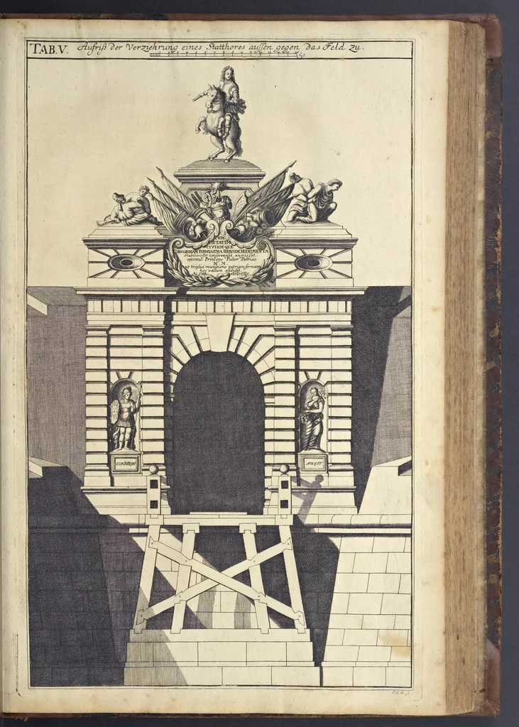 An illustration from Nicolai Goldmans Vollständige Anweisung zu der Civil-Bau-Kunst : in welcher nicht nur die fünff Ordnungen, samt den darzu gehörigen Fenster-Gesimsen, Kämpffern, Geländer-Dockeb und Bilderstühlen, auf eine neue und sonderbare leichte Art aufzureissen deutlich gewiesen, sondern zugleich getreulich entdecket wird ..., 1708, leaf 408