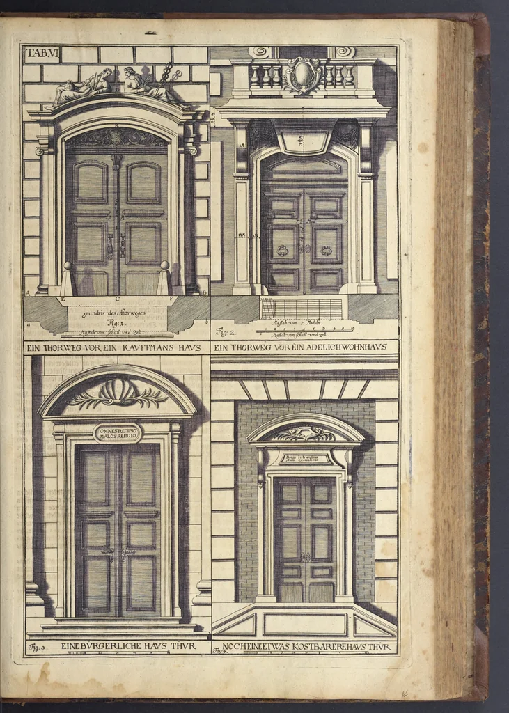 An illustration from Nicolai Goldmans Vollständige Anweisung zu der Civil-Bau-Kunst : in welcher nicht nur die fünff Ordnungen, samt den darzu gehörigen Fenster-Gesimsen, Kämpffern, Geländer-Dockeb und Bilderstühlen, auf eine neue und sonderbare leichte Art aufzureissen deutlich gewiesen, sondern zugleich getreulich entdecket wird ..., 1708, leaf 412