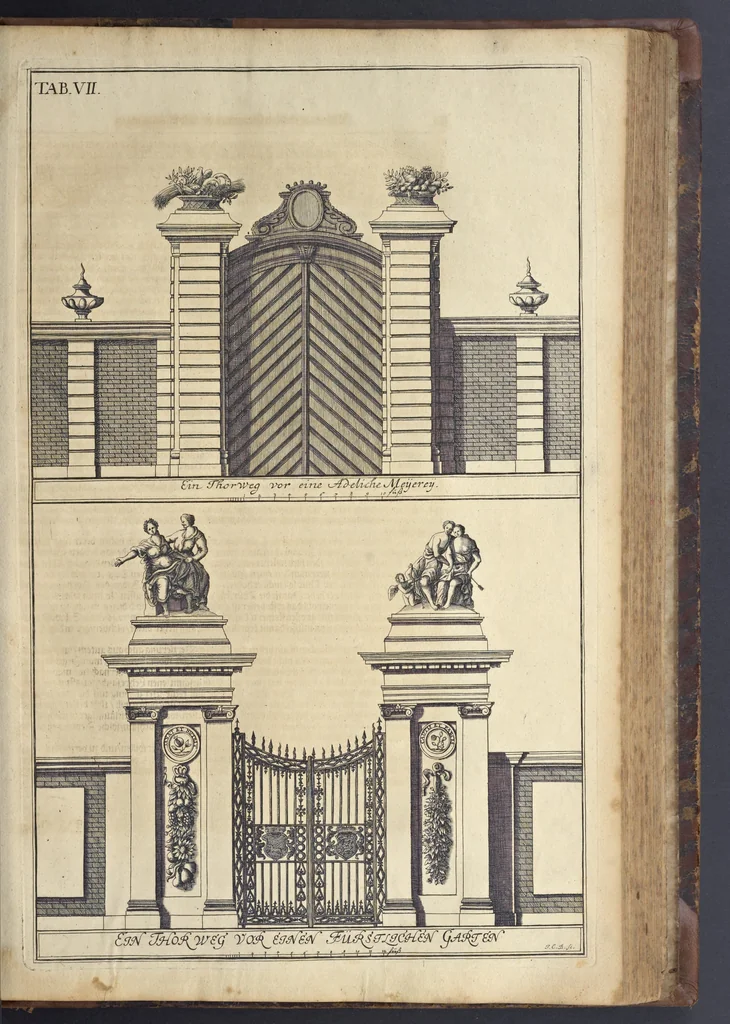 An illustration from Nicolai Goldmans Vollständige Anweisung zu der Civil-Bau-Kunst : in welcher nicht nur die fünff Ordnungen, samt den darzu gehörigen Fenster-Gesimsen, Kämpffern, Geländer-Dockeb und Bilderstühlen, auf eine neue und sonderbare leichte Art aufzureissen deutlich gewiesen, sondern zugleich getreulich entdecket wird ..., 1708, leaf 416
