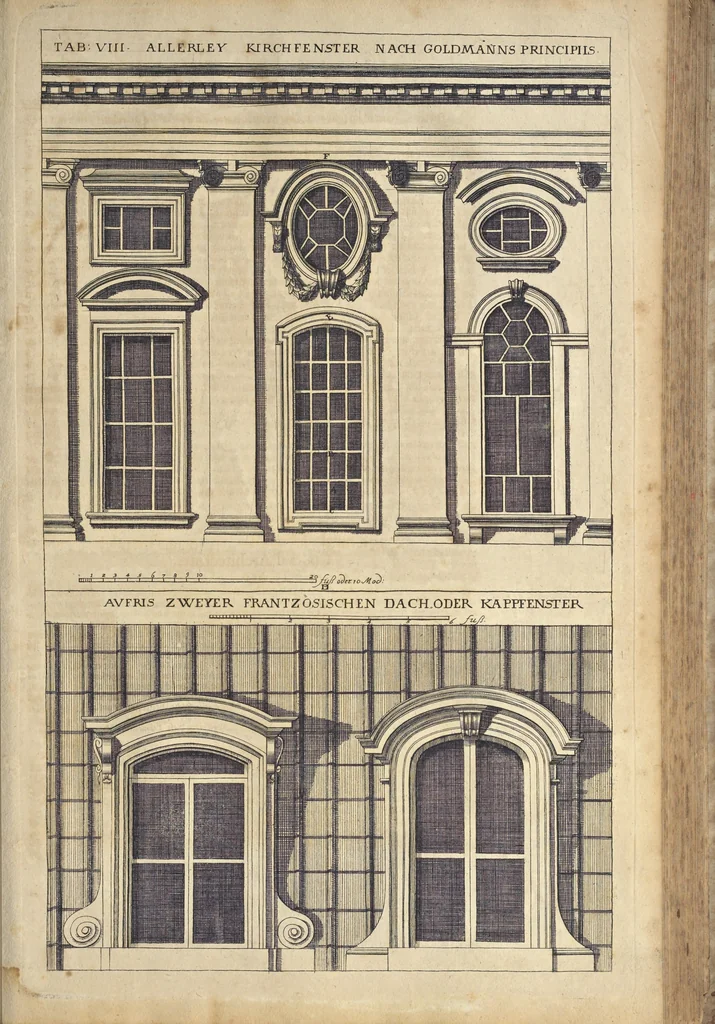 An illustration from Nicolai Goldmans Vollständige Anweisung zu der Civil-Bau-Kunst : in welcher nicht nur die fünff Ordnungen, samt den darzu gehörigen Fenster-Gesimsen, Kämpffern, Geländer-Dockeb und Bilderstühlen, auf eine neue und sonderbare leichte Art aufzureissen deutlich gewiesen, sondern zugleich getreulich entdecket wird ..., 1708, leaf 420