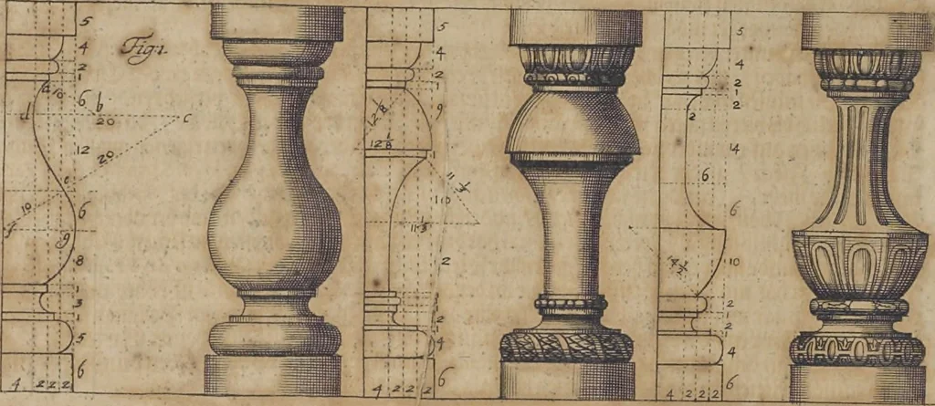 An illustration from Nicolai Goldmans Vollständige Anweisung zu der Civil-Bau-Kunst : in welcher nicht nur die fünff Ordnungen, samt den darzu gehörigen Fenster-Gesimsen, Kämpffern, Geländer-Dockeb und Bilderstühlen, auf eine neue und sonderbare leichte Art aufzureissen deutlich gewiesen, sondern zugleich getreulich entdecket wird ..., 1708, leaf 497