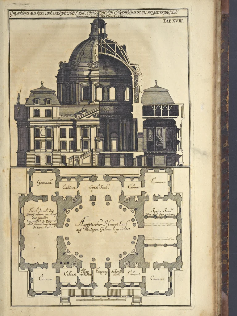 An illustration from Nicolai Goldmans Vollständige Anweisung zu der Civil-Bau-Kunst : in welcher nicht nur die fünff Ordnungen, samt den darzu gehörigen Fenster-Gesimsen, Kämpffern, Geländer-Dockeb und Bilderstühlen, auf eine neue und sonderbare leichte Art aufzureissen deutlich gewiesen, sondern zugleich getreulich entdecket wird ..., 1708, leaf 528