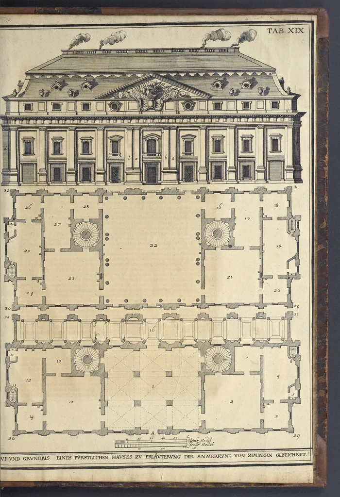 An illustration from Nicolai Goldmans Vollständige Anweisung zu der Civil-Bau-Kunst : in welcher nicht nur die fünff Ordnungen, samt den darzu gehörigen Fenster-Gesimsen, Kämpffern, Geländer-Dockeb und Bilderstühlen, auf eine neue und sonderbare leichte Art aufzureissen deutlich gewiesen, sondern zugleich getreulich entdecket wird ..., 1708, leaf 540