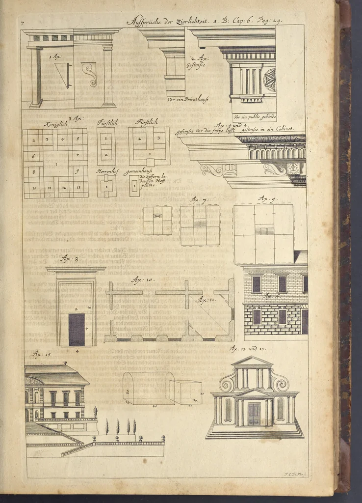 An illustration from Nicolai Goldmans Vollständige Anweisung zu der Civil-Bau-Kunst : in welcher nicht nur die fünff Ordnungen, samt den darzu gehörigen Fenster-Gesimsen, Kämpffern, Geländer-Dockeb und Bilderstühlen, auf eine neue und sonderbare leichte Art aufzureissen deutlich gewiesen, sondern zugleich getreulich entdecket wird ..., 1708, leaf 68