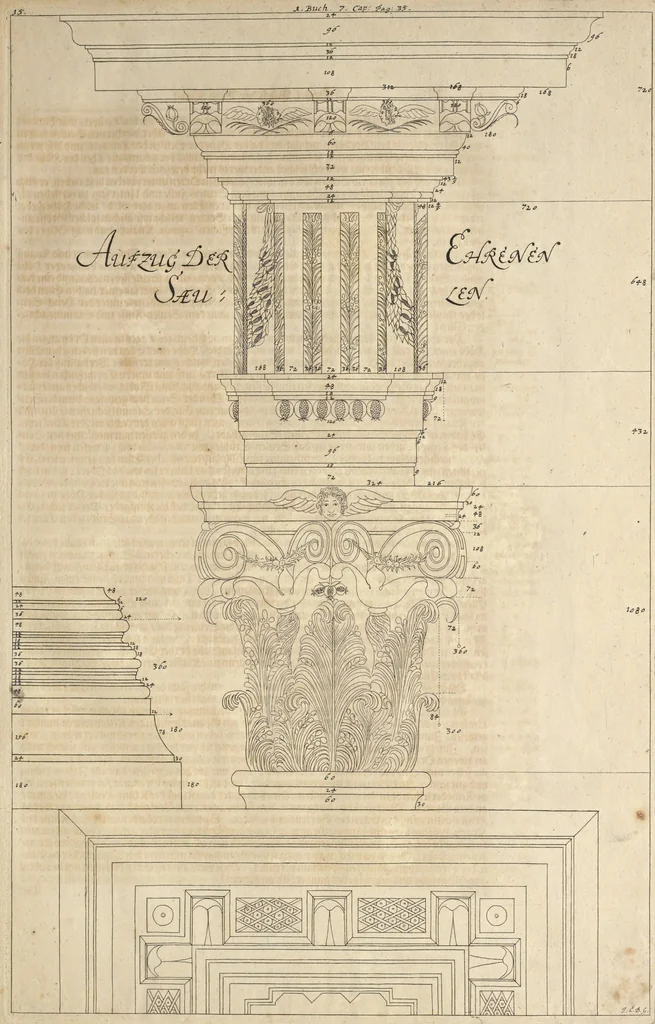 An illustration from Nicolai Goldmans Vollständige Anweisung zu der Civil-Bau-Kunst : in welcher nicht nur die fünff Ordnungen, samt den darzu gehörigen Fenster-Gesimsen, Kämpffern, Geländer-Dockeb und Bilderstühlen, auf eine neue und sonderbare leichte Art aufzureissen deutlich gewiesen, sondern zugleich getreulich entdecket wird ..., 1708, leaf 78