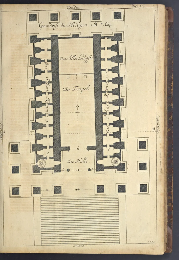 An illustration from Nicolai Goldmans Vollständige Anweisung zu der Civil-Bau-Kunst : in welcher nicht nur die fünff Ordnungen, samt den darzu gehörigen Fenster-Gesimsen, Kämpffern, Geländer-Dockeb und Bilderstühlen, auf eine neue und sonderbare leichte Art aufzureissen deutlich gewiesen, sondern zugleich getreulich entdecket wird ..., 1708, leaf 82