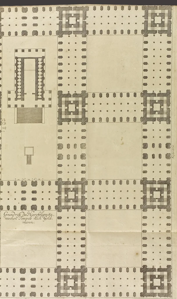 An illustration from Nicolai Goldmans Vollständige Anweisung zu der Civil-Bau-Kunst : in welcher nicht nur die fünff Ordnungen, samt den darzu gehörigen Fenster-Gesimsen, Kämpffern, Geländer-Dockeb und Bilderstühlen, auf eine neue und sonderbare leichte Art aufzureissen deutlich gewiesen, sondern zugleich getreulich entdecket wird ..., 1708, leaf 86