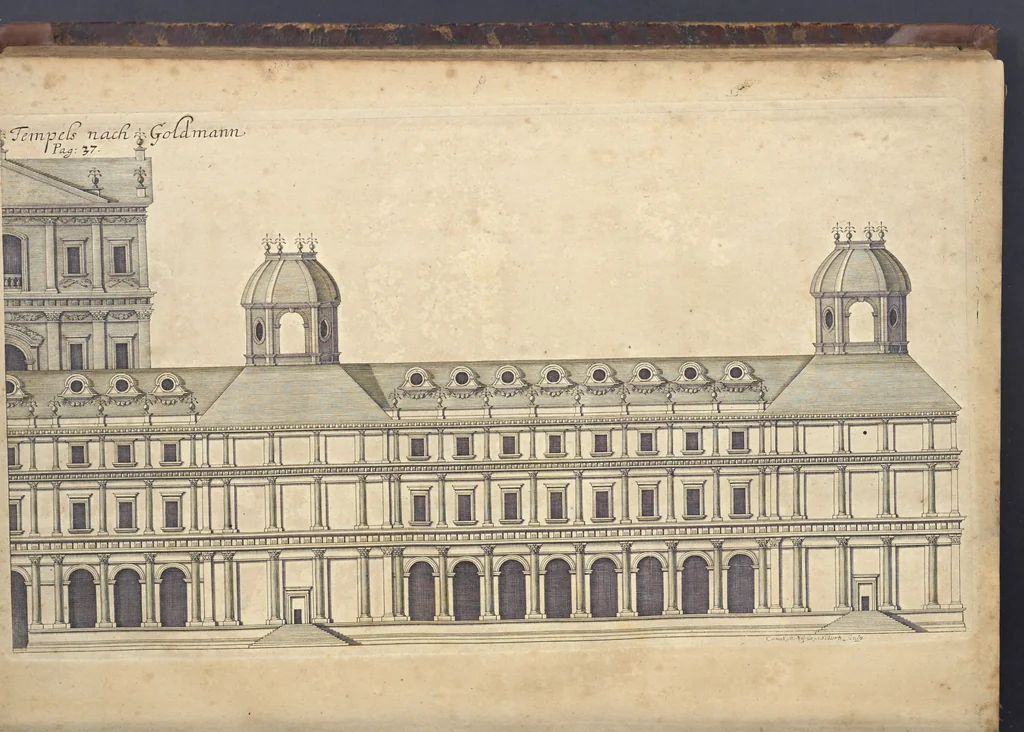An illustration from Nicolai Goldmans Vollständige Anweisung zu der Civil-Bau-Kunst : in welcher nicht nur die fünff Ordnungen, samt den darzu gehörigen Fenster-Gesimsen, Kämpffern, Geländer-Dockeb und Bilderstühlen, auf eine neue und sonderbare leichte Art aufzureissen deutlich gewiesen, sondern zugleich getreulich entdecket wird ..., 1708, leaf 88