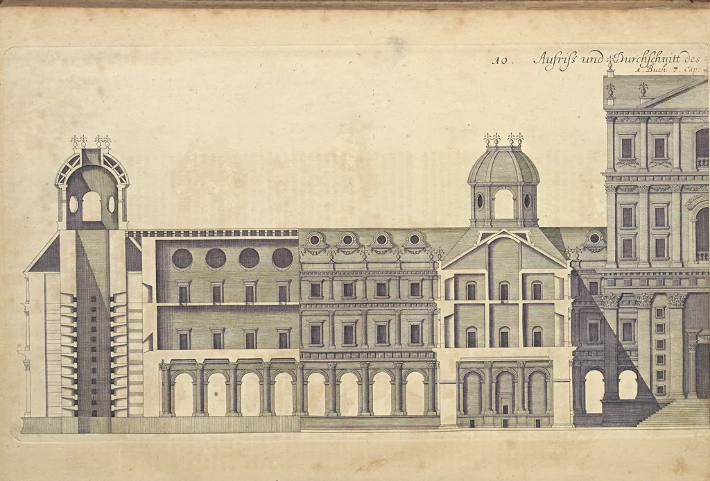 An illustration from Nicolai Goldmans Vollständige Anweisung zu der Civil-Bau-Kunst : in welcher nicht nur die fünff Ordnungen, samt den darzu gehörigen Fenster-Gesimsen, Kämpffern, Geländer-Dockeb und Bilderstühlen, auf eine neue und sonderbare leichte Art aufzureissen deutlich gewiesen, sondern zugleich getreulich entdecket wird ..., 1708, leaf 90
