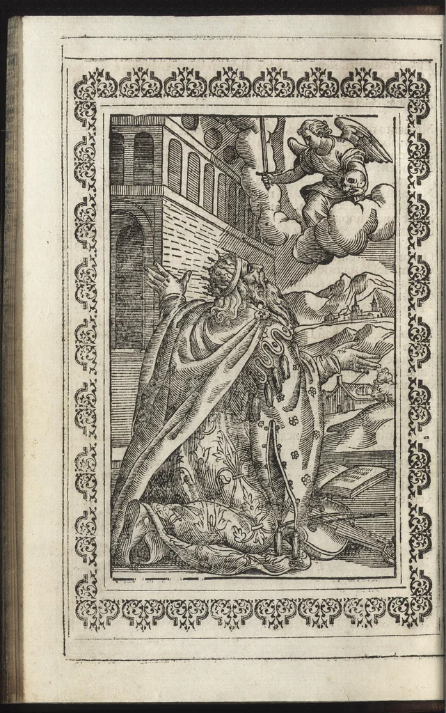 An illustration from Psalterium Romanum dispositum per hebdomadam ad formam Breuiarij Romani : Pij V Pont. Max. iussu editi, et Clementis VIII primum, nunc denuo Vrbani Papae VIII auctoritate recogniti, accommodatum : cum hymnis, Officio Beatae Mariae, Officio defunctorum, & psalmis pęnitentialibus, cum litanijs in fine positis, 1665, leaf 37