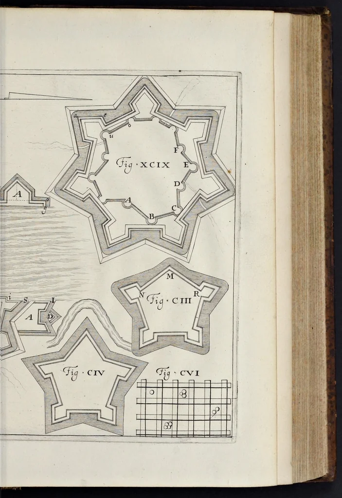 An illustration from Matthiae Dögen Dramburgensis marchici Architectura militaris moderna : varijs historijs, tam veteribus quam novis confirmata, et praecipuis totius Europae munimentis, ad exemplum adductis exornata, 1647, leaf 368