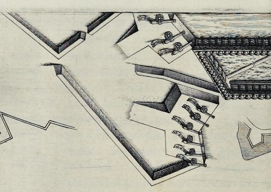 An illustration from Matthiae Dögen Dramburgensis marchici Architectura militaris moderna : varijs historijs, tam veteribus quam novis confirmata, et praecipuis totius Europae munimentis, ad exemplum adductis exornata, 1647, leaf 723