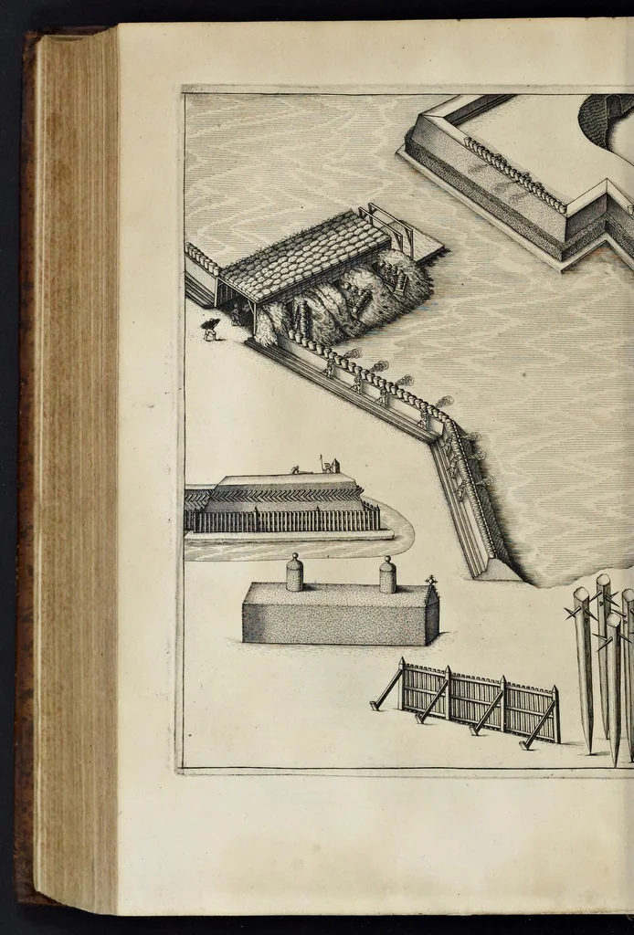 An illustration from Matthiae Dögen Dramburgensis marchici Architectura militaris moderna : varijs historijs, tam veteribus quam novis confirmata, et praecipuis totius Europae munimentis, ad exemplum adductis exornata, 1647, leaf 729