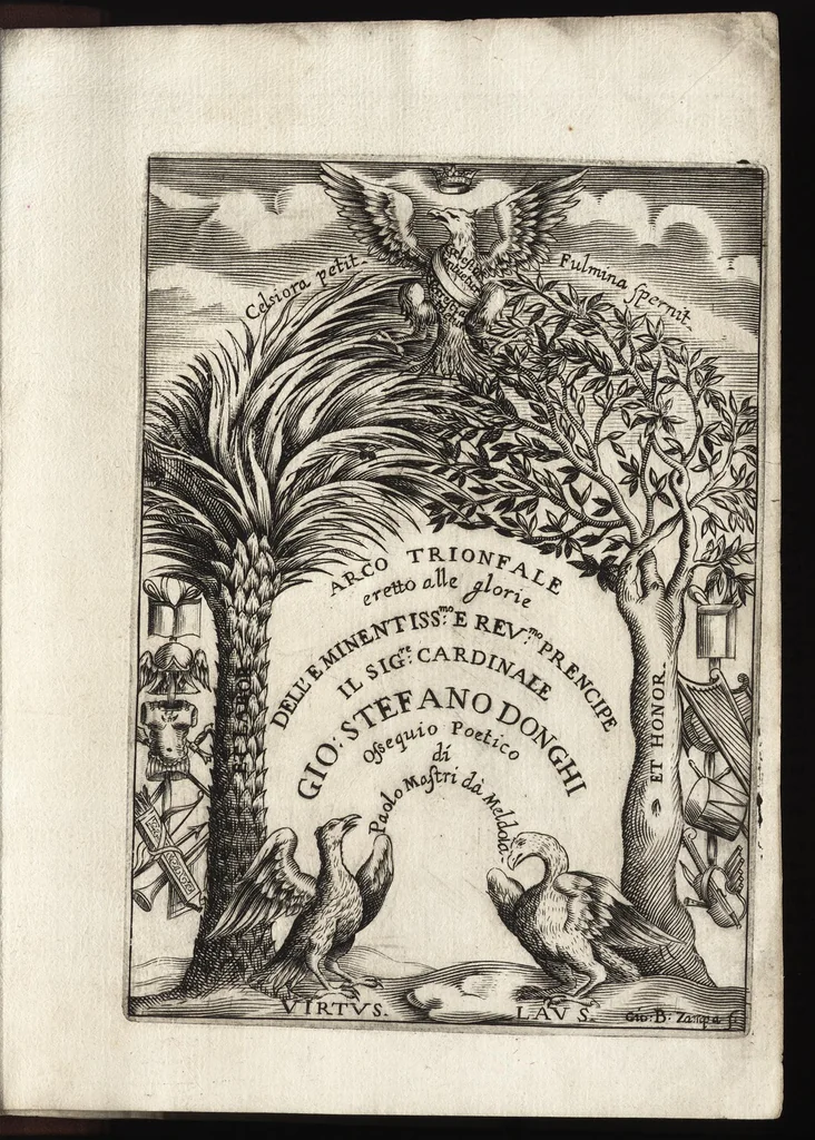 An illustration from Arco trionfale eretto alle glorie dell'eminentiss.mo e rev.mo prencipe il sig.re cardinale Gio. Stefano Donghi : ossequio poetico, 1654, leaf 6