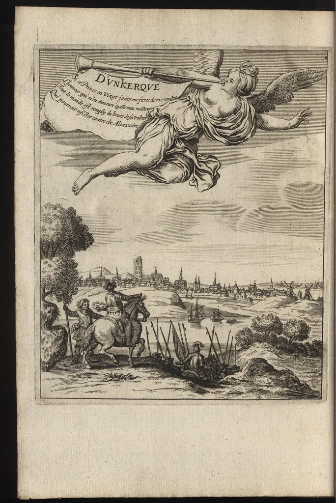 An illustration from Paralelles et eloges historiques d'Alexandre le Grand et de monseigneur le prince duc d'Anguien : auec les planches des plus importantes villes qu'il a reduites en ses quatre campaignes sous l'obeyssance du roy, 1647, leaf 105
