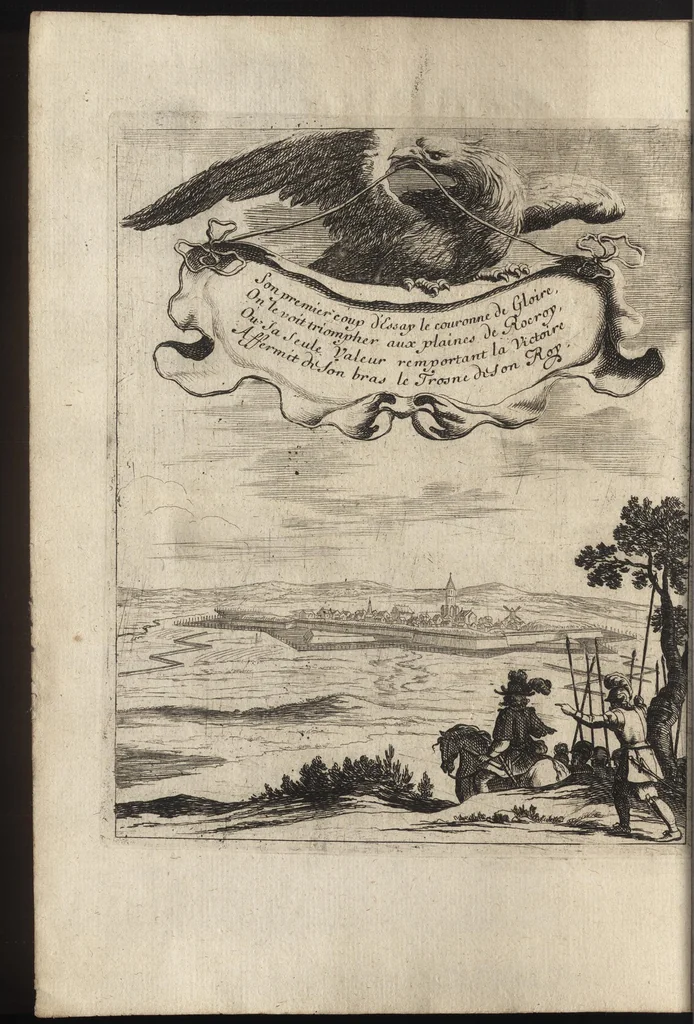 An illustration from Paralelles et eloges historiques d'Alexandre le Grand et de monseigneur le prince duc d'Anguien : auec les planches des plus importantes villes qu'il a reduites en ses quatre campaignes sous l'obeyssance du roy, 1647, leaf 33