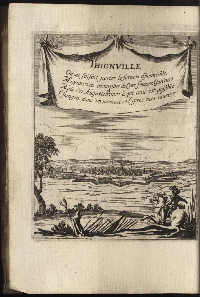 An illustration from Paralelles et eloges historiques d'Alexandre le Grand et de monseigneur le prince duc d'Anguien : auec les planches des plus importantes villes qu'il a reduites en ses quatre campaignes sous l'obeyssance du roy, 1647, leaf 45