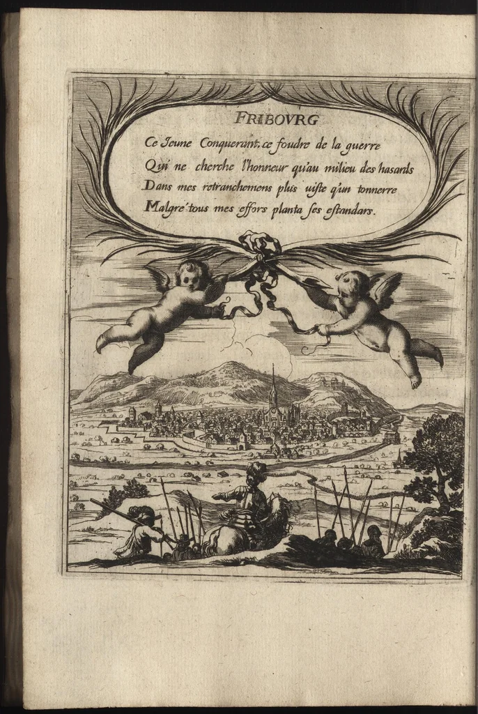An illustration from Paralelles et eloges historiques d'Alexandre le Grand et de monseigneur le prince duc d'Anguien : auec les planches des plus importantes villes qu'il a reduites en ses quatre campaignes sous l'obeyssance du roy, 1647, leaf 57