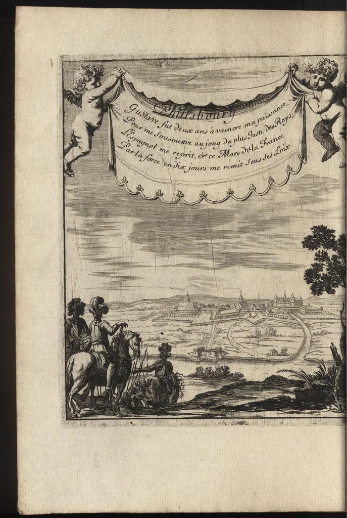 An illustration from Paralelles et eloges historiques d'Alexandre le Grand et de monseigneur le prince duc d'Anguien : auec les planches des plus importantes villes qu'il a reduites en ses quatre campaignes sous l'obeyssance du roy, 1647, leaf 67