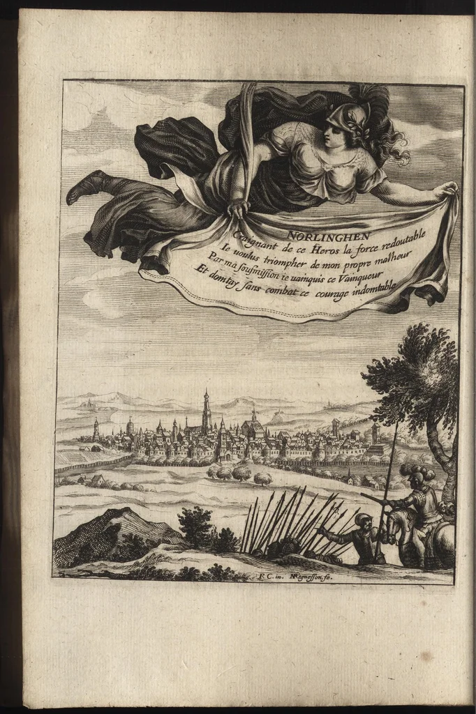 An illustration from Paralelles et eloges historiques d'Alexandre le Grand et de monseigneur le prince duc d'Anguien : auec les planches des plus importantes villes qu'il a reduites en ses quatre campaignes sous l'obeyssance du roy, 1647, leaf 75