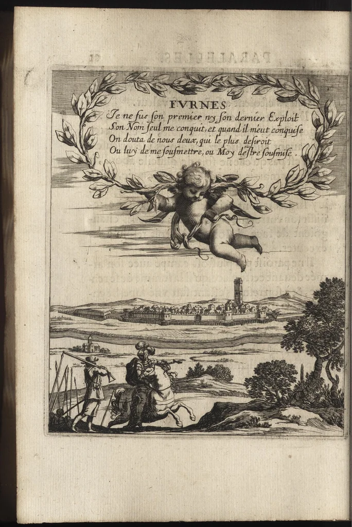 An illustration from Paralelles et eloges historiques d'Alexandre le Grand et de monseigneur le prince duc d'Anguien : auec les planches des plus importantes villes qu'il a reduites en ses quatre campaignes sous l'obeyssance du roy, 1647, leaf 97