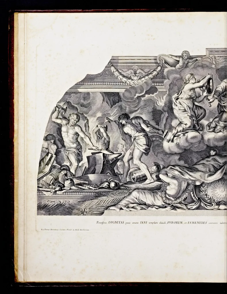 An illustration from Barberinae aulae fornix Romae eq. Petri Berettini Cortonensis picturis admirandus : cuius spirantes imagines et monocromata in hisce delineamentis ad similitudinem adumbrata Vrbani VIII. pontificis maximi virtutes exprimunt, 1677, leaf 13