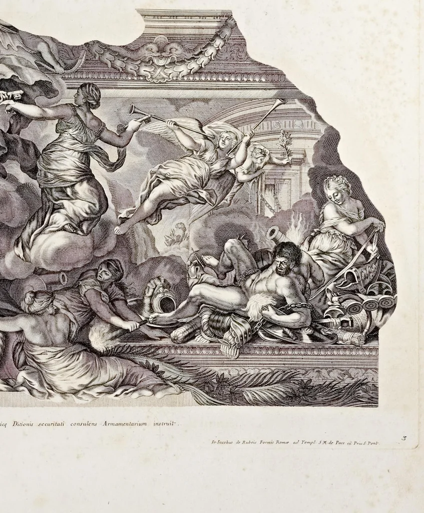 An illustration from Barberinae aulae fornix Romae eq. Petri Berettini Cortonensis picturis admirandus : cuius spirantes imagines et monocromata in hisce delineamentis ad similitudinem adumbrata Vrbani VIII. pontificis maximi virtutes exprimunt, 1677, leaf 14