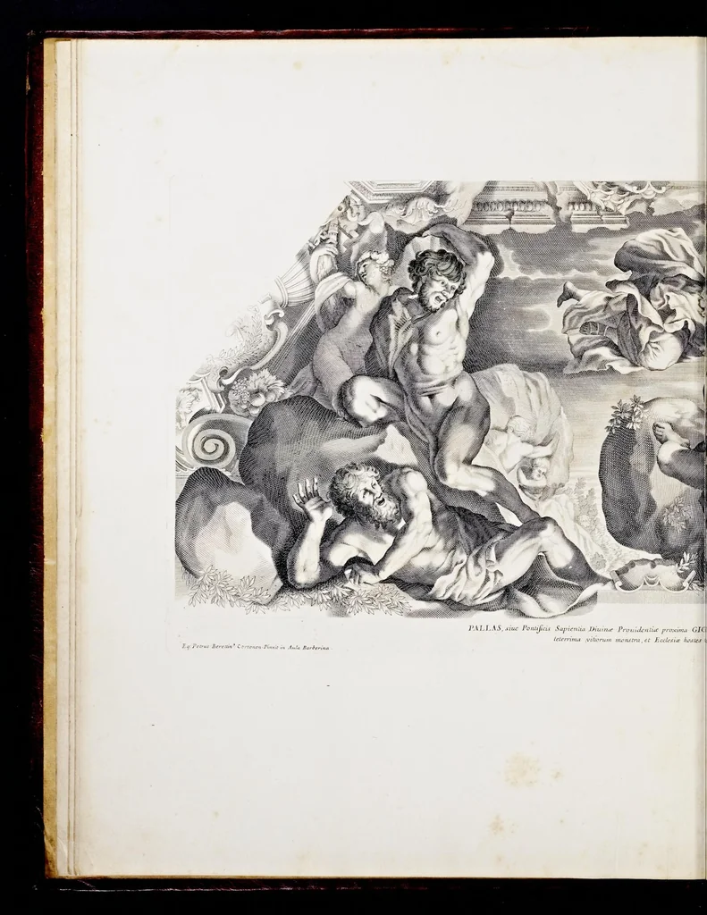An illustration from Barberinae aulae fornix Romae eq. Petri Berettini Cortonensis picturis admirandus : cuius spirantes imagines et monocromata in hisce delineamentis ad similitudinem adumbrata Vrbani VIII. pontificis maximi virtutes exprimunt, 1677, leaf 17