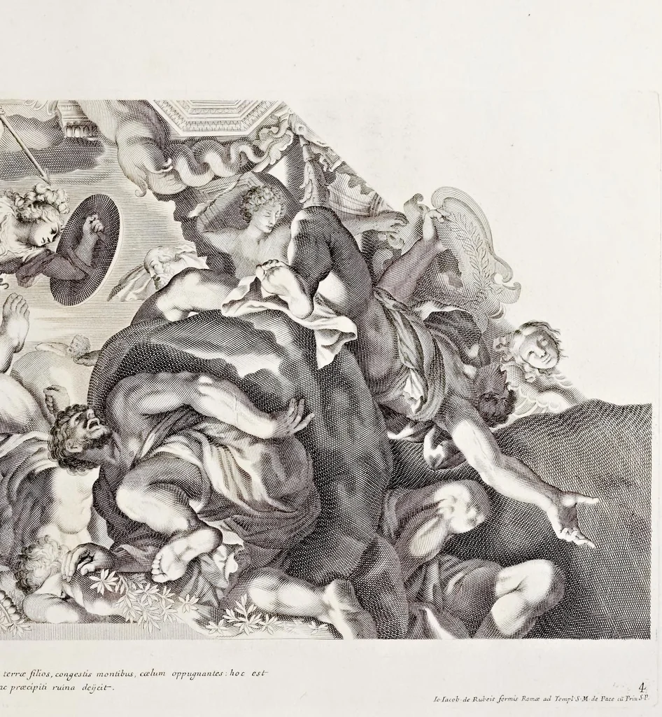 An illustration from Barberinae aulae fornix Romae eq. Petri Berettini Cortonensis picturis admirandus : cuius spirantes imagines et monocromata in hisce delineamentis ad similitudinem adumbrata Vrbani VIII. pontificis maximi virtutes exprimunt, 1677, leaf 18
