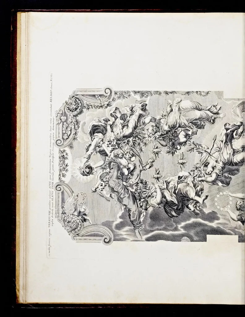 An illustration from Barberinae aulae fornix Romae eq. Petri Berettini Cortonensis picturis admirandus : cuius spirantes imagines et monocromata in hisce delineamentis ad similitudinem adumbrata Vrbani VIII. pontificis maximi virtutes exprimunt, 1677, leaf 21