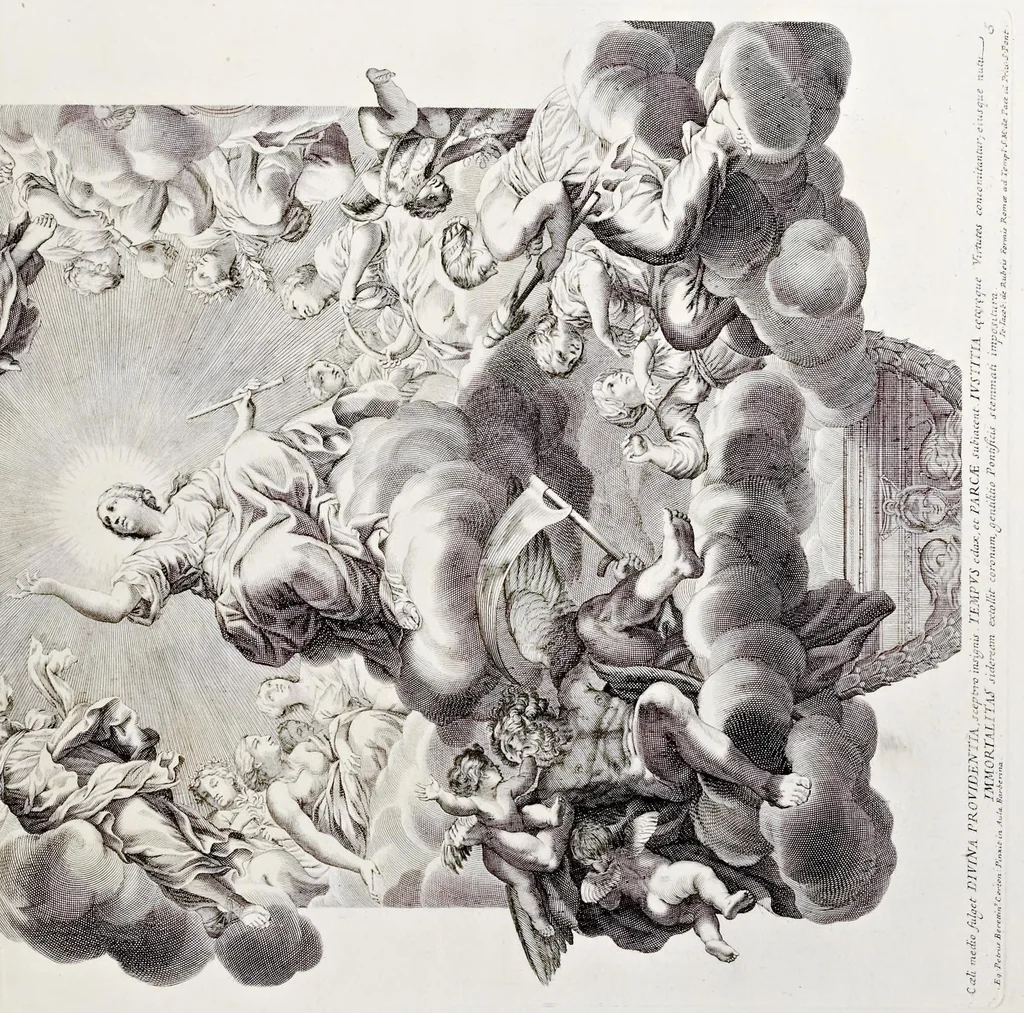 An illustration from Barberinae aulae fornix Romae eq. Petri Berettini Cortonensis picturis admirandus : cuius spirantes imagines et monocromata in hisce delineamentis ad similitudinem adumbrata Vrbani VIII. pontificis maximi virtutes exprimunt, 1677, leaf 22