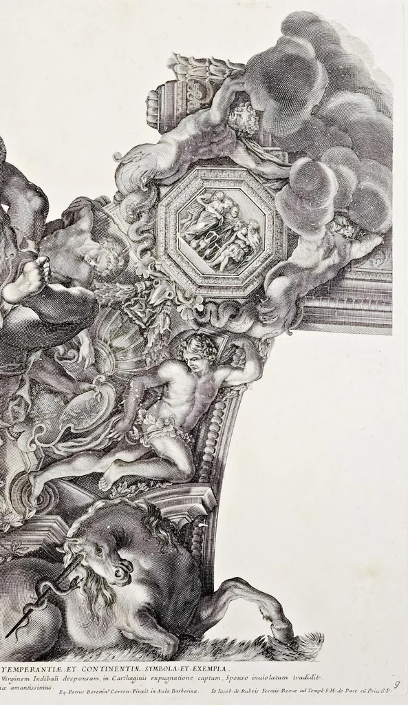 An illustration from Barberinae aulae fornix Romae eq. Petri Berettini Cortonensis picturis admirandus : cuius spirantes imagines et monocromata in hisce delineamentis ad similitudinem adumbrata Vrbani VIII. pontificis maximi virtutes exprimunt, 1677, leaf 30