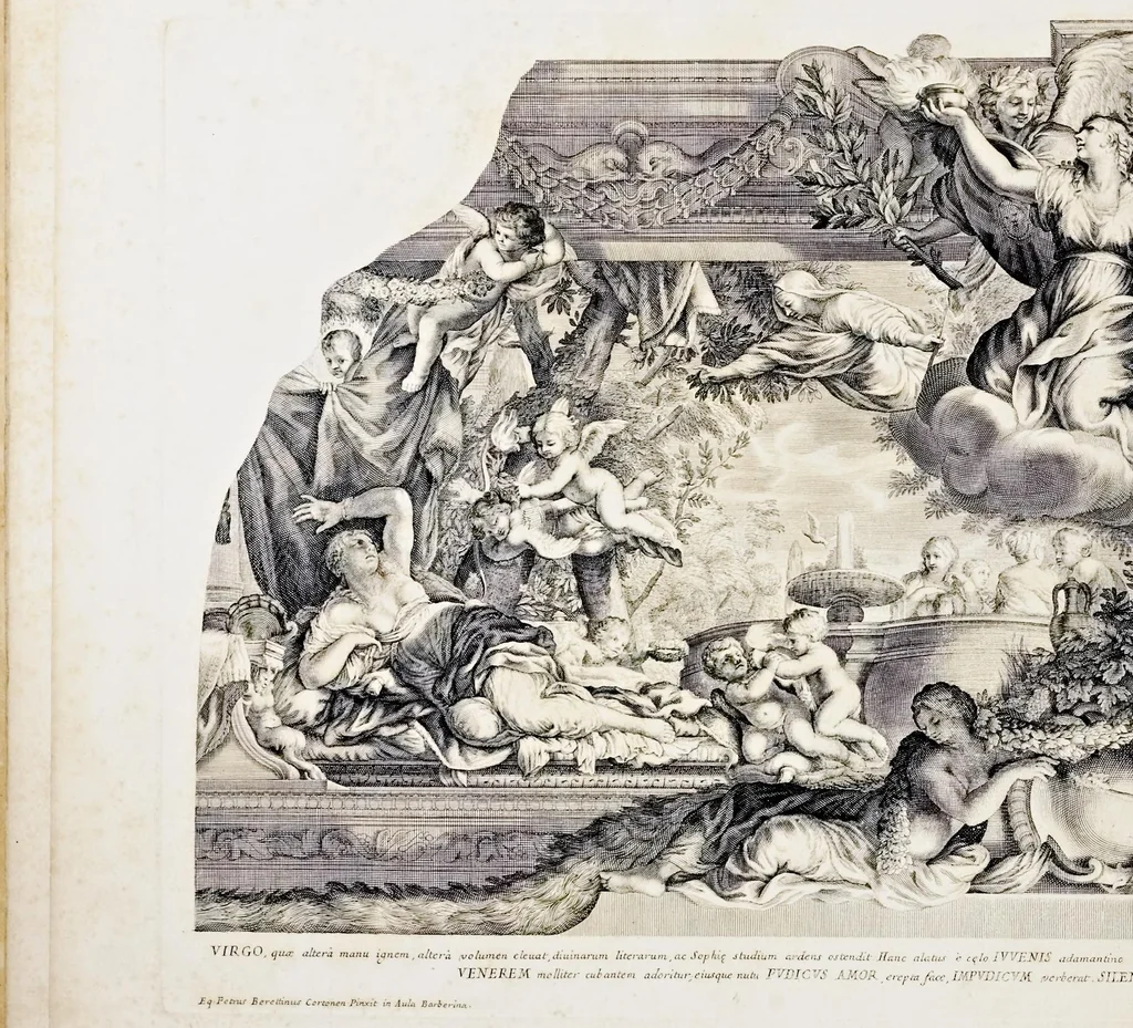 An illustration from Barberinae aulae fornix Romae eq. Petri Berettini Cortonensis picturis admirandus : cuius spirantes imagines et monocromata in hisce delineamentis ad similitudinem adumbrata Vrbani VIII. pontificis maximi virtutes exprimunt, 1677, leaf 9