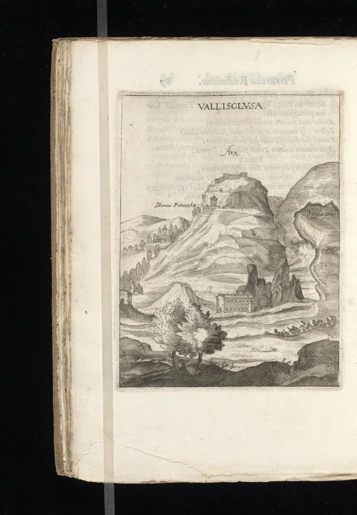 An illustration from Iacobi Philippi Tomasini Patauini ... Petrarcha rediuiuus : integram poetae celeberrimi vitam iconibus aere celatis exhibens : accessit nobilissimae foeminae Laurae breuis historia, 1635, leaf 107