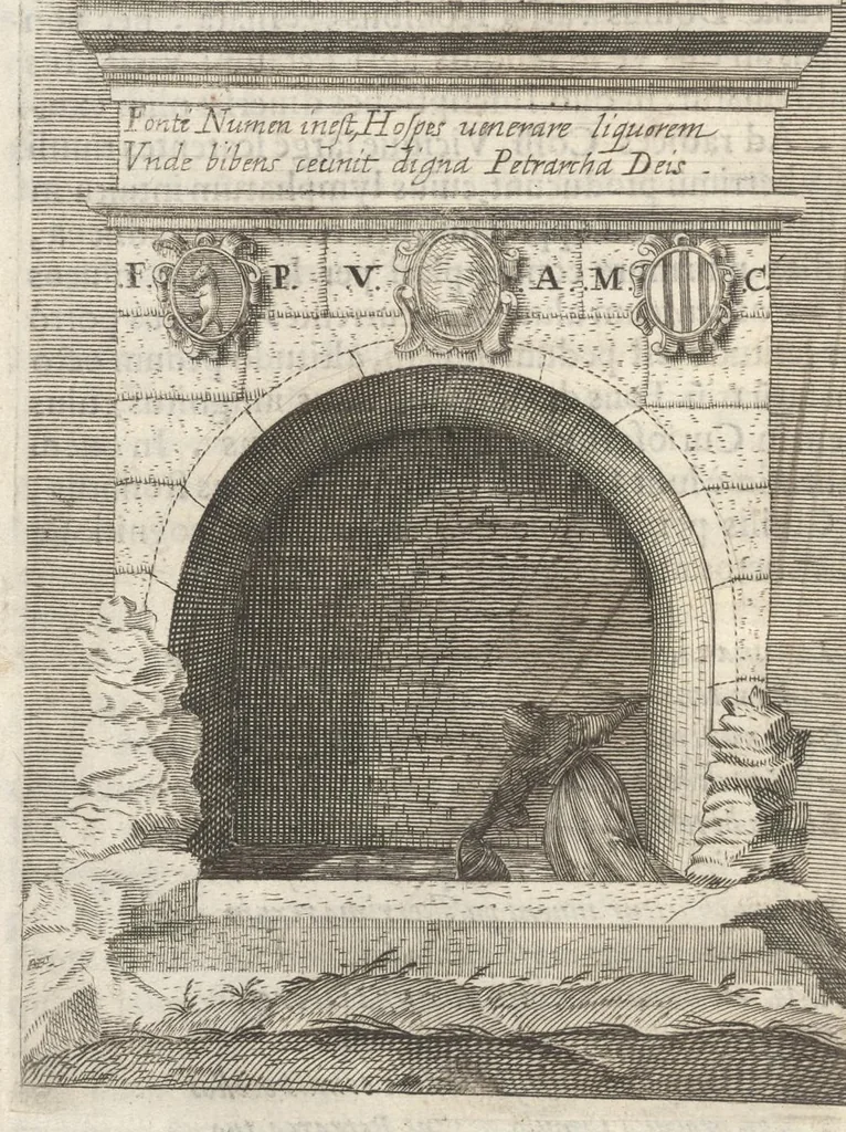 An illustration from Iacobi Philippi Tomasini Patauini ... Petrarcha rediuiuus : integram poetae celeberrimi vitam iconibus aere celatis exhibens : accessit nobilissimae foeminae Laurae breuis historia, 1635, leaf 153