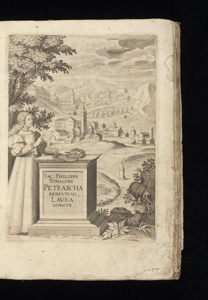 An illustration from Iacobi Philippi Tomasini Patauini ... Petrarcha rediuiuus : integram poetae celeberrimi vitam iconibus aere celatis exhibens : accessit nobilissimae foeminae Laurae breuis historia, 1635, leaf 4