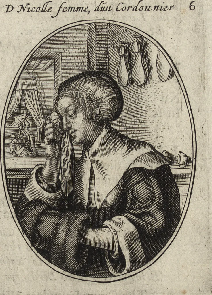 An illustration from Les abus du mariage, ou sont clairement representez les subtilitez deshonnestes, tant des femmes que des hommes, dont ils usent pour se tromper l'un l'autre. A cecy sont adjoustez quelques enseignemens pour corriger tels abus. Misbruick des houwelycx, waer in klaerlijck word uitgebeeldt de boosheden en loosheden zo wel tusschen mannen als vrouwen gepleeght, om malkander behendigh te bedriegen. Hier zijn bygevoeght eenige nutte en noodige leeringh, streckende tot verbeteringe der hedensdaeghsche bedorven huyshoudinge. The mistake off matrimonij, wherin is clearely set out the shamefull craftinesse as well by men, as women, pleading one against an other of their shamefull deceitfulnesse. Here is also by joyned some learned instructions to the amendement and reproouing of that filthinesse, 1641, leaf 20