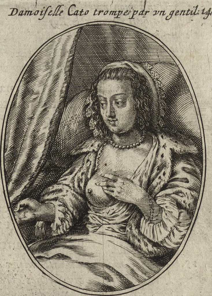 An illustration from Les abus du mariage, ou sont clairement representez les subtilitez deshonnestes, tant des femmes que des hommes, dont ils usent pour se tromper l'un l'autre. A cecy sont adjoustez quelques enseignemens pour corriger tels abus. Misbruick des houwelycx, waer in klaerlijck word uitgebeeldt de boosheden en loosheden zo wel tusschen mannen als vrouwen gepleeght, om malkander behendigh te bedriegen. Hier zijn bygevoeght eenige nutte en noodige leeringh, streckende tot verbeteringe der hedensdaeghsche bedorven huyshoudinge. The mistake off matrimonij, wherin is clearely set out the shamefull craftinesse as well by men, as women, pleading one against an other of their shamefull deceitfulnesse. Here is also by joyned some learned instructions to the amendement and reproouing of that filthinesse, 1641, leaf 28