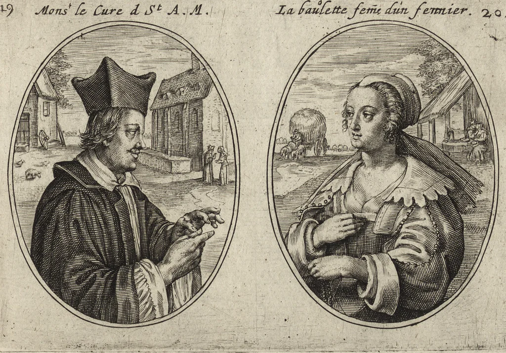 An illustration from Les abus du mariage, ou sont clairement representez les subtilitez deshonnestes, tant des femmes que des hommes, dont ils usent pour se tromper l'un l'autre. A cecy sont adjoustez quelques enseignemens pour corriger tels abus. Misbruick des houwelycx, waer in klaerlijck word uitgebeeldt de boosheden en loosheden zo wel tusschen mannen als vrouwen gepleeght, om malkander behendigh te bedriegen. Hier zijn bygevoeght eenige nutte en noodige leeringh, streckende tot verbeteringe der hedensdaeghsche bedorven huyshoudinge. The mistake off matrimonij, wherin is clearely set out the shamefull craftinesse as well by men, as women, pleading one against an other of their shamefull deceitfulnesse. Here is also by joyned some learned instructions to the amendement and reproouing of that filthinesse, 1641, leaf 34