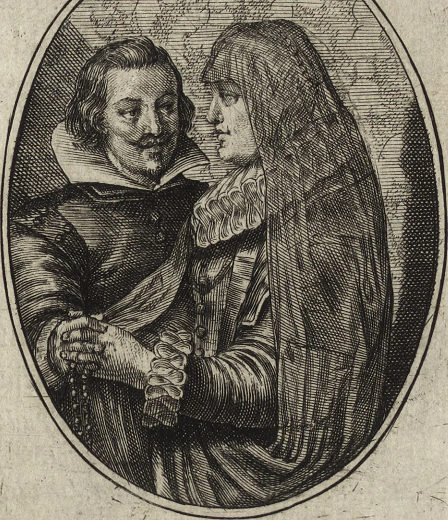 An illustration from Les abus du mariage, ou sont clairement representez les subtilitez deshonnestes, tant des femmes que des hommes, dont ils usent pour se tromper l'un l'autre. A cecy sont adjoustez quelques enseignemens pour corriger tels abus. Misbruick des houwelycx, waer in klaerlijck word uitgebeeldt de boosheden en loosheden zo wel tusschen mannen als vrouwen gepleeght, om malkander behendigh te bedriegen. Hier zijn bygevoeght eenige nutte en noodige leeringh, streckende tot verbeteringe der hedensdaeghsche bedorven huyshoudinge. The mistake off matrimonij, wherin is clearely set out the shamefull craftinesse as well by men, as women, pleading one against an other of their shamefull deceitfulnesse. Here is also by joyned some learned instructions to the amendement and reproouing of that filthinesse, 1641, leaf 40