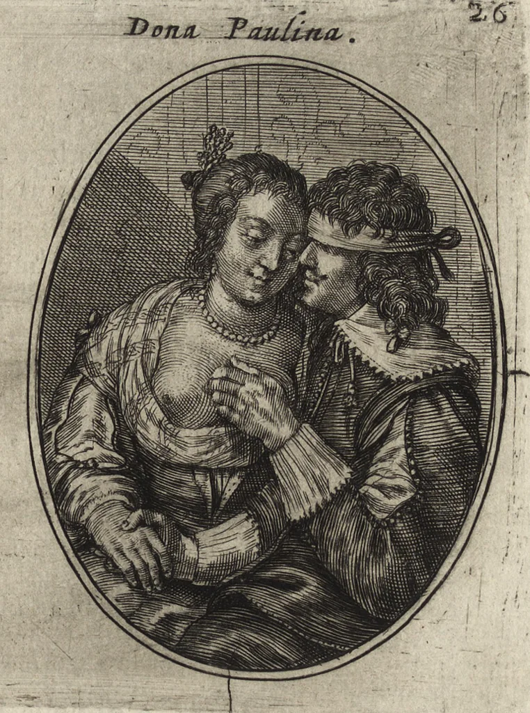 An illustration from Les abus du mariage, ou sont clairement representez les subtilitez deshonnestes, tant des femmes que des hommes, dont ils usent pour se tromper l'un l'autre. A cecy sont adjoustez quelques enseignemens pour corriger tels abus. Misbruick des houwelycx, waer in klaerlijck word uitgebeeldt de boosheden en loosheden zo wel tusschen mannen als vrouwen gepleeght, om malkander behendigh te bedriegen. Hier zijn bygevoeght eenige nutte en noodige leeringh, streckende tot verbeteringe der hedensdaeghsche bedorven huyshoudinge. The mistake off matrimonij, wherin is clearely set out the shamefull craftinesse as well by men, as women, pleading one against an other of their shamefull deceitfulnesse. Here is also by joyned some learned instructions to the amendement and reproouing of that filthinesse, 1641, leaf 42