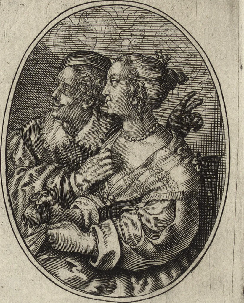 An illustration from Les abus du mariage, ou sont clairement representez les subtilitez deshonnestes, tant des femmes que des hommes, dont ils usent pour se tromper l'un l'autre. A cecy sont adjoustez quelques enseignemens pour corriger tels abus. Misbruick des houwelycx, waer in klaerlijck word uitgebeeldt de boosheden en loosheden zo wel tusschen mannen als vrouwen gepleeght, om malkander behendigh te bedriegen. Hier zijn bygevoeght eenige nutte en noodige leeringh, streckende tot verbeteringe der hedensdaeghsche bedorven huyshoudinge. The mistake off matrimonij, wherin is clearely set out the shamefull craftinesse as well by men, as women, pleading one against an other of their shamefull deceitfulnesse. Here is also by joyned some learned instructions to the amendement and reproouing of that filthinesse, 1641, leaf 44