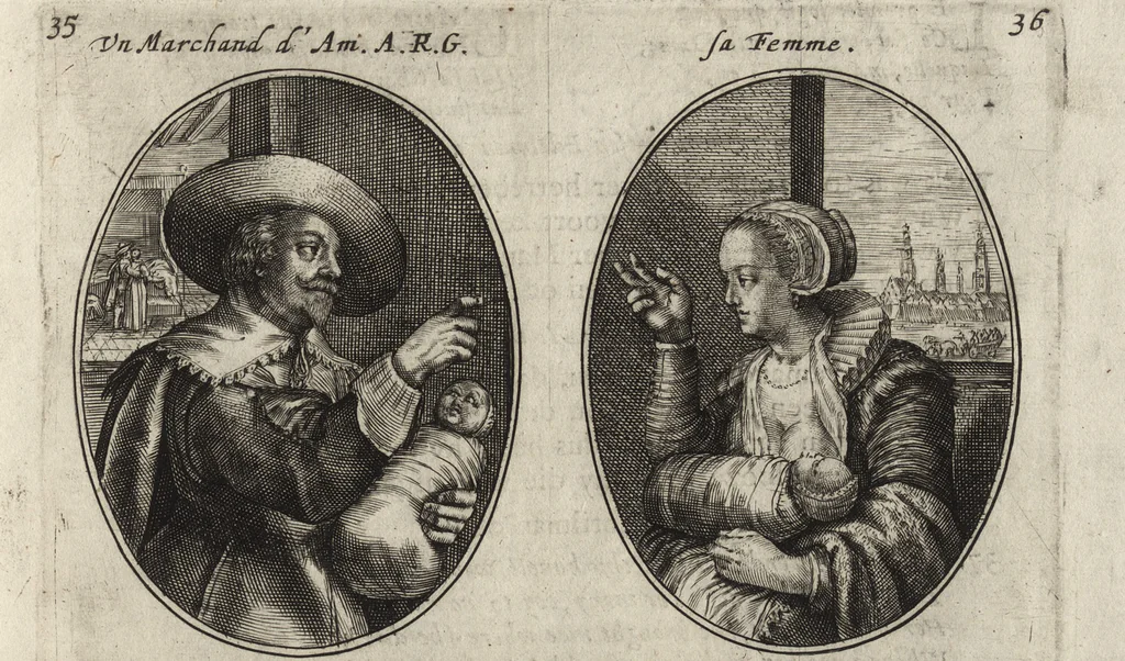 An illustration from Les abus du mariage, ou sont clairement representez les subtilitez deshonnestes, tant des femmes que des hommes, dont ils usent pour se tromper l'un l'autre. A cecy sont adjoustez quelques enseignemens pour corriger tels abus. Misbruick des houwelycx, waer in klaerlijck word uitgebeeldt de boosheden en loosheden zo wel tusschen mannen als vrouwen gepleeght, om malkander behendigh te bedriegen. Hier zijn bygevoeght eenige nutte en noodige leeringh, streckende tot verbeteringe der hedensdaeghsche bedorven huyshoudinge. The mistake off matrimonij, wherin is clearely set out the shamefull craftinesse as well by men, as women, pleading one against an other of their shamefull deceitfulnesse. Here is also by joyned some learned instructions to the amendement and reproouing of that filthinesse, 1641, leaf 52